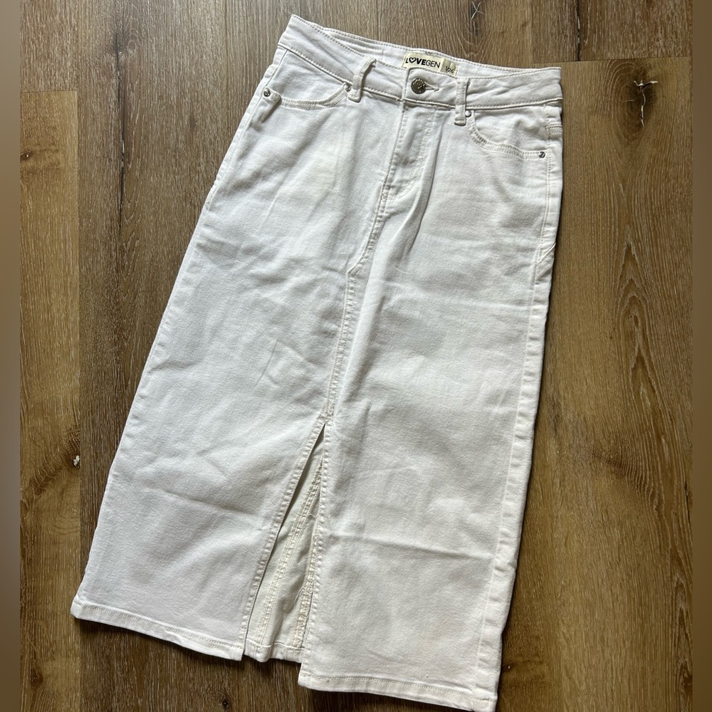 LOVEGEN Women's White Denim Midi Skirt